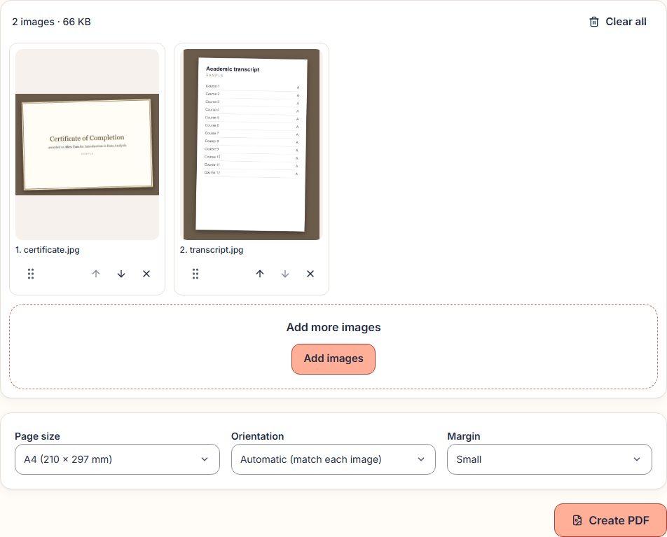 Images to PDF with two photos, a certificate and a transcript, in order, and page size A4 selected
