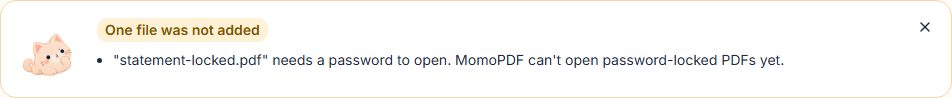 MomoPDF’s message saying the PDF needs a password to open