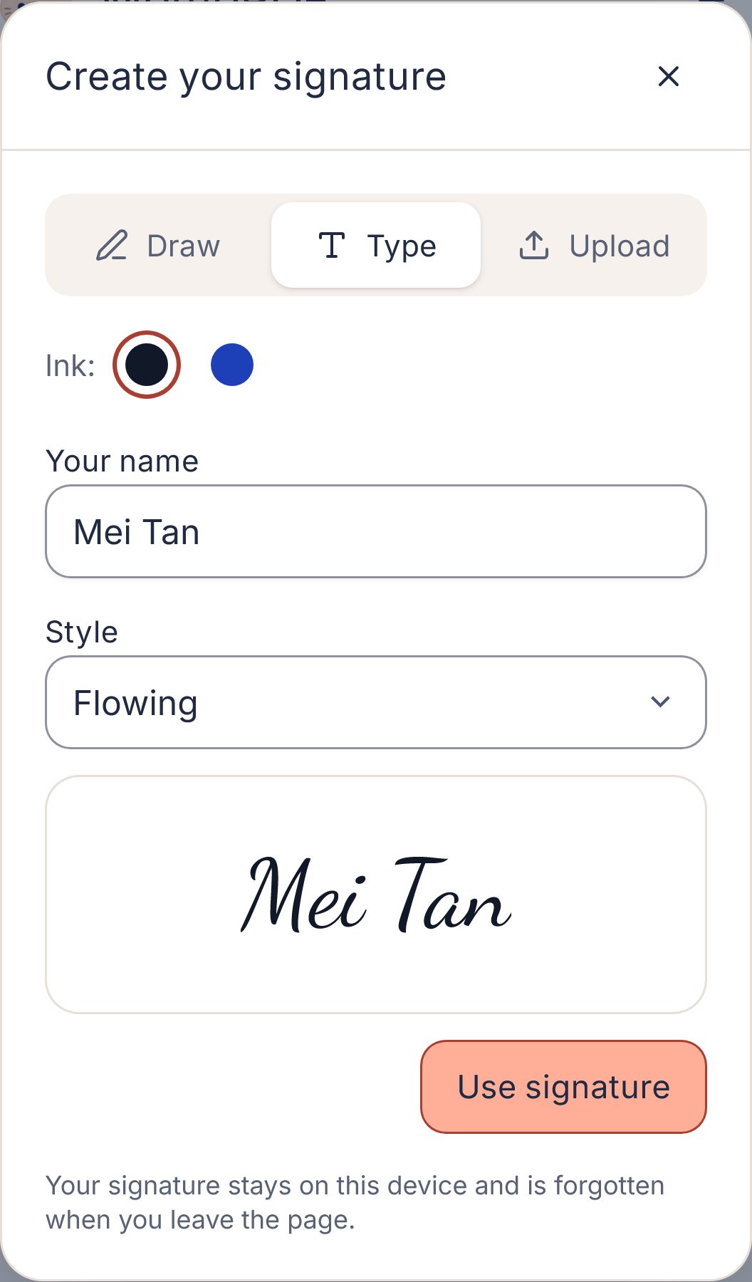Typing the name Mei Tan in the Create your signature window on a phone, shown in a handwriting style